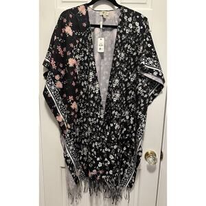 JC Sunny Black Floral Kimono Shawl Fringe Open Front Wrap Reversible NWT